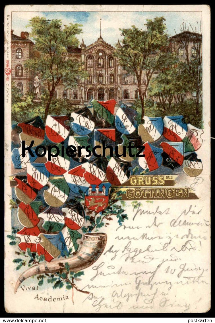 ALTE LITHO POSTKARTE GRUSS AUS GÖTTINGEN 1899 VIVAT ACADEMIA STUDENTIKA SEI'S PANIER Couleur Burschenschaft Studentica