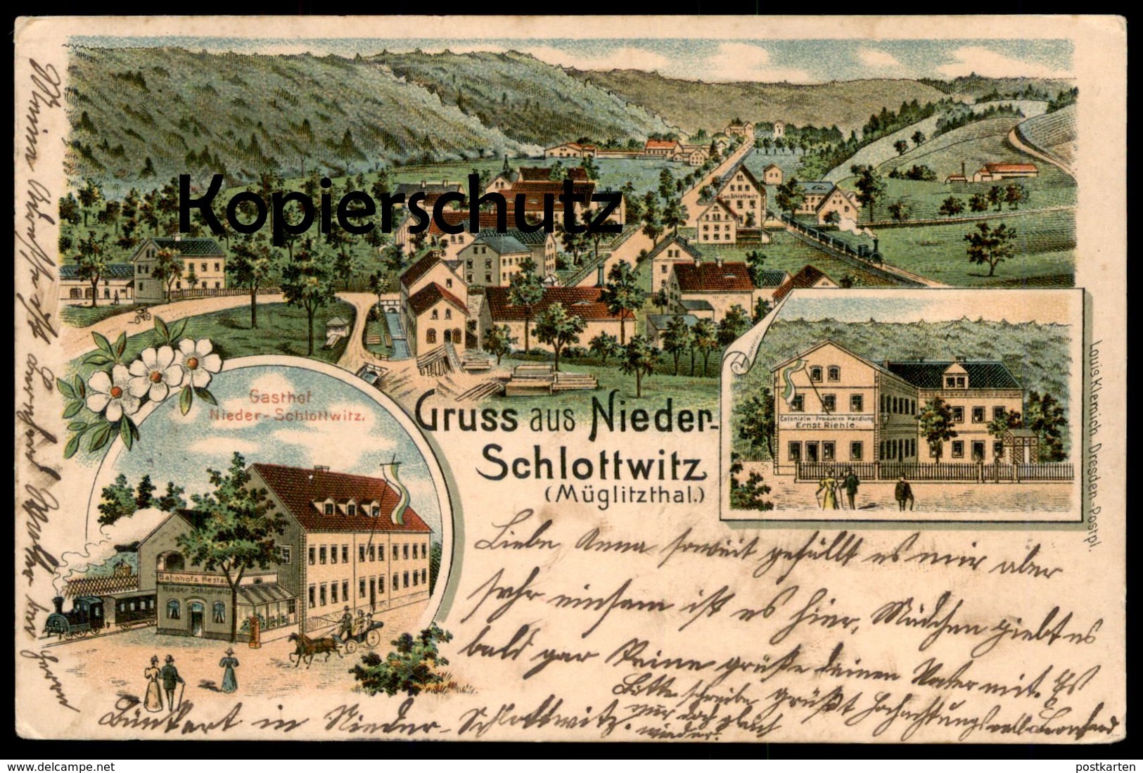 ALTE LITHO POSTKARTE GRUSS AUS NIEDER-SCHLOTTWITZ GASTHOF MÜGLITZTHAL Schlottwitz Glashütte Niederschlottwitz Müglitztal