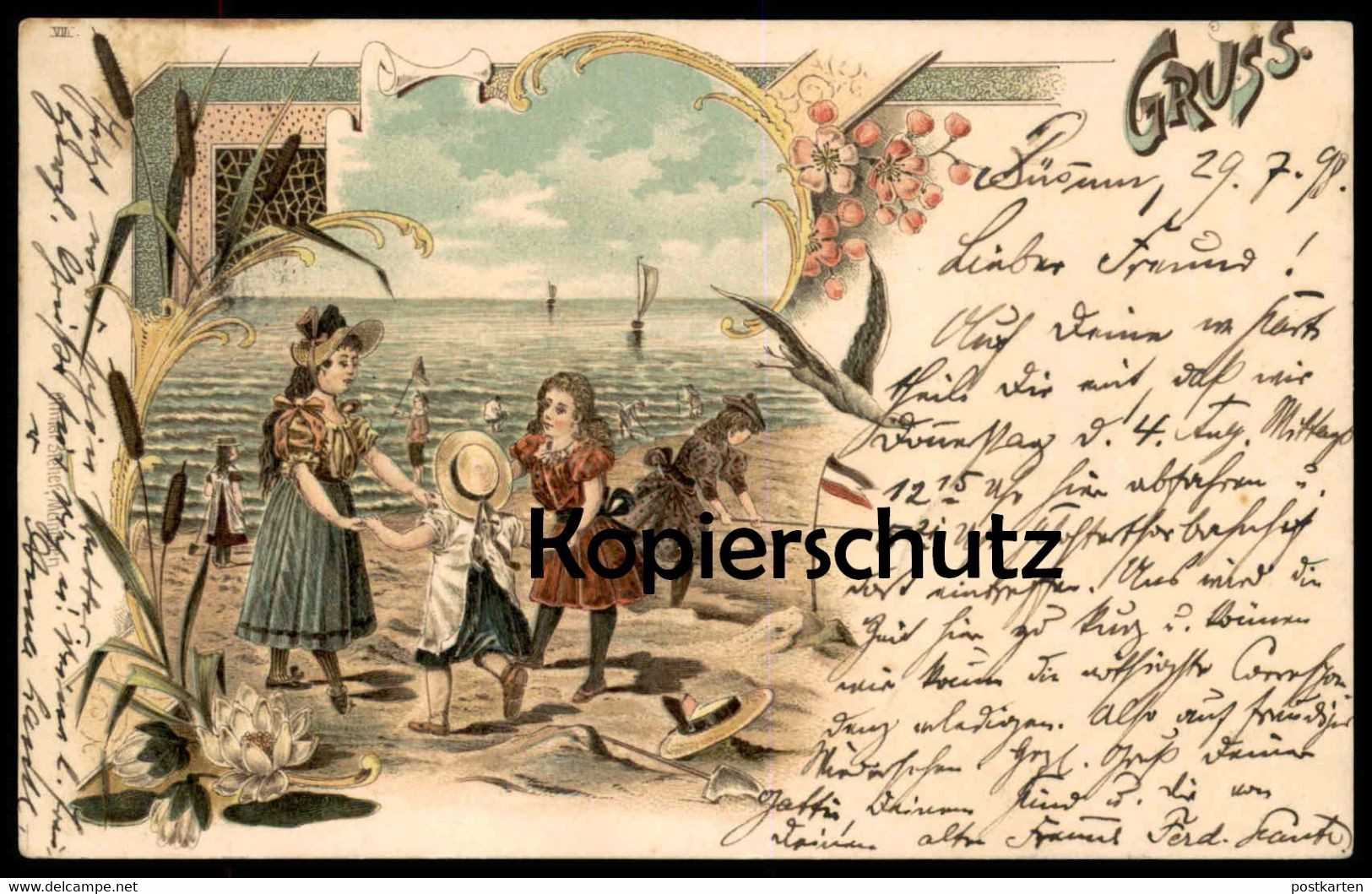ALTE LITHO POSTKARTE GRUSS STRAND KINDER NORDSEE STEMPEL BÜSUM beach plage postcard Ottmar Zieher Ansichtskarte cpa AK