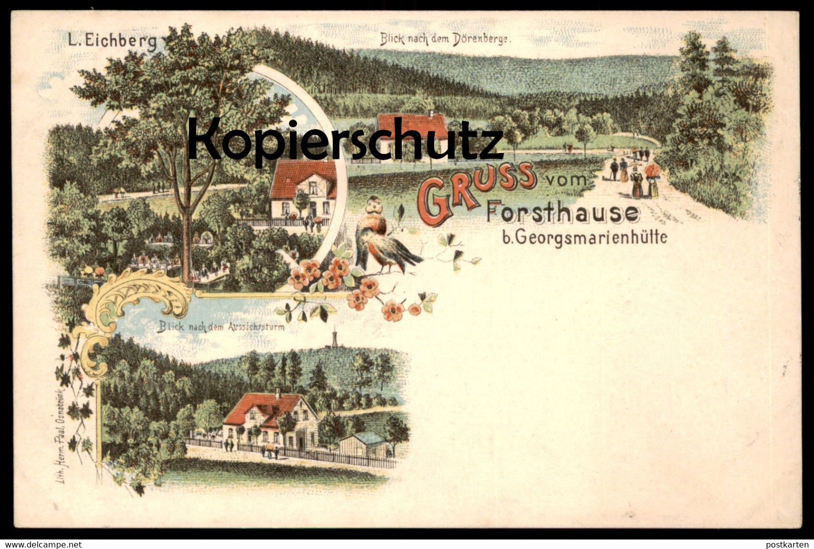 ALTE LITHO POSTKARTE GRUSS VOM FORSTHAUSE BEI GEORGSMARIENHÜTTE BLICK NACH DEM DÖRENBERGE Forsthaus Dörenberg AK cpa