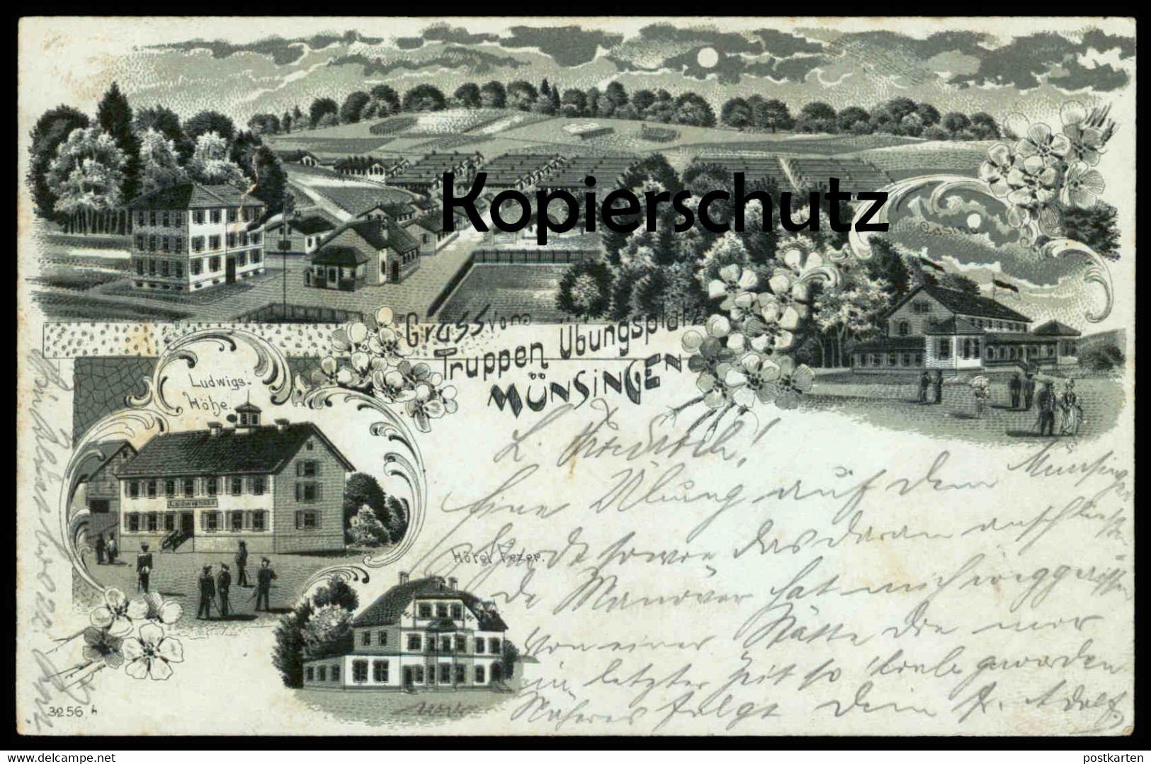 ALTE LITHO POSTKARTE GRUSS VOM TRUPPENÜBUNGSPLATZ MÜNSINGEN 1898 HOTEL FEZER TRUPPEN ÜBUNGSPLATZ Ansichtskarte postcard