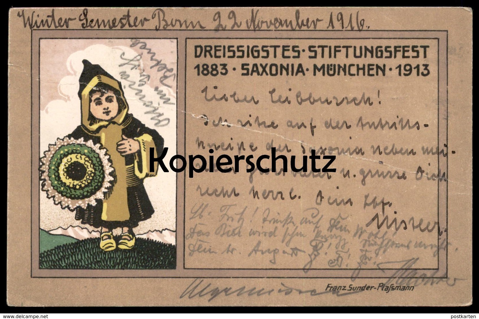 ALTE LITHO POSTKARTE MÜNCHEN SAXONIA STIFUNGSFEST MÜNCHNER KINDL STUDENTICA STUDENTIKA SIGN. FRANZ SUNDER-PLASSMANN AK