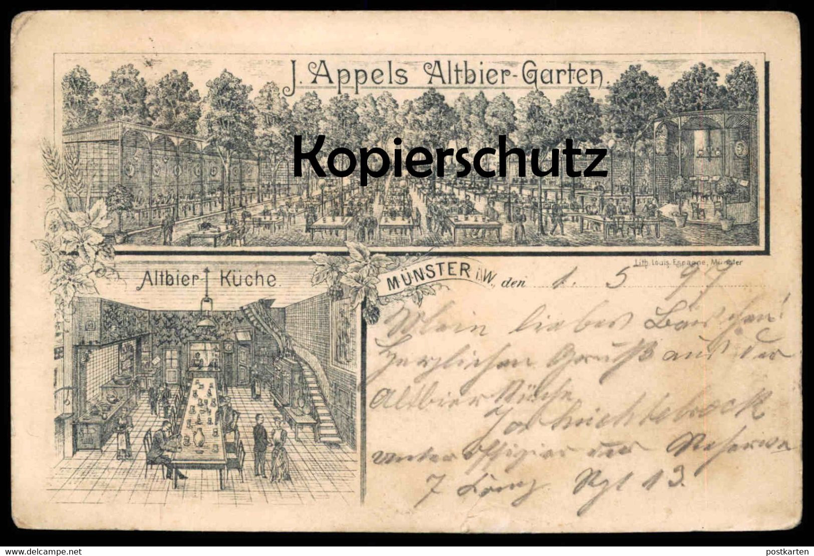 ALTE LITHO POSTKARTE MÜNSTER 1897 J. APPELS ALTBIER GARTEN ALTBIER KÜCHE Appel kitchen cuisine Ansichtskarte postcard