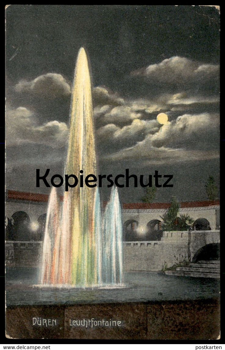 ALTE POSTKARTE DÜREN LEUCHTFONTAINE Brunnen bei Nacht Mond moon lune Fontaine Fountain cpa Ansichtskarte postcard AK