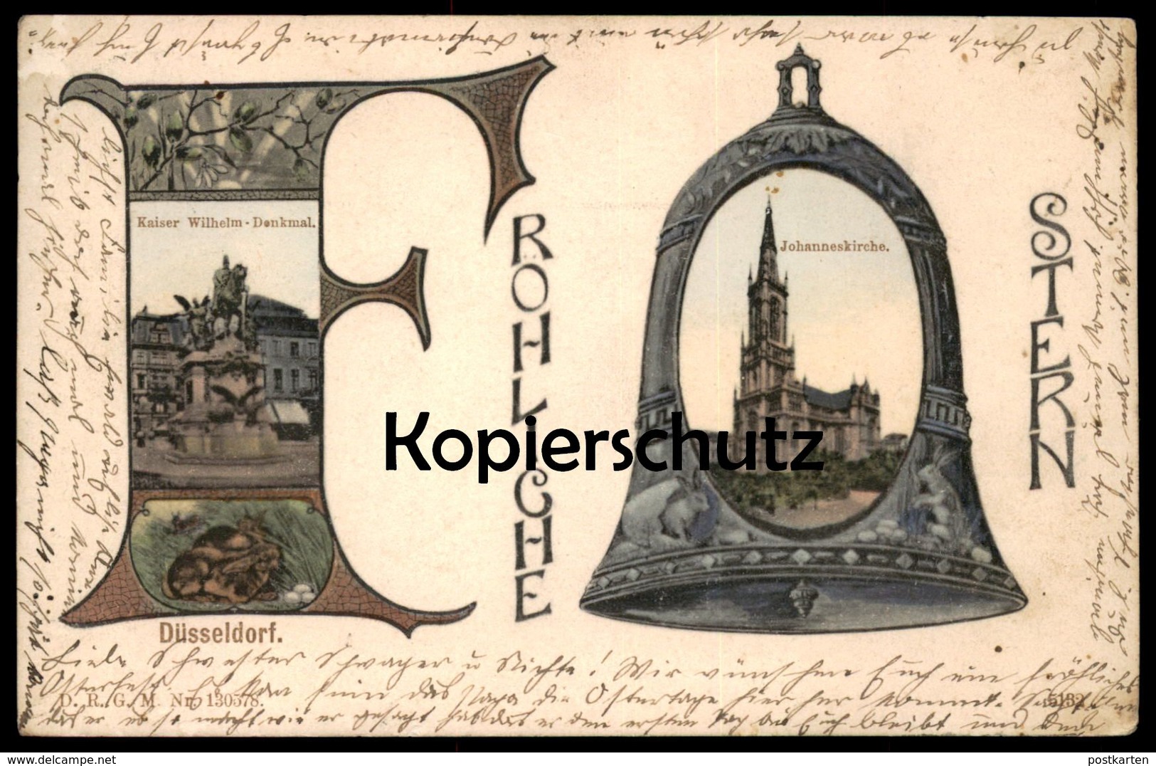 ALTE POSTKARTE DÜSSELDORF FRÖHLICHE OSTERN KAISER WILHELM DENKMAL JOHANNESKIRCHE Glocke Easter postcard AK Ansichtskarte