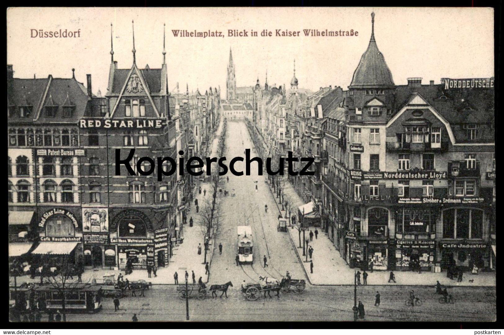 ALTE POSTKARTE DÜSSELDORF WILHELMPLATZ BLICK IN DIE KAISER WILHELMSTRASSE GESCHÄFTE NORDDEUTSCHER LLOYD RED STAR LINE AK