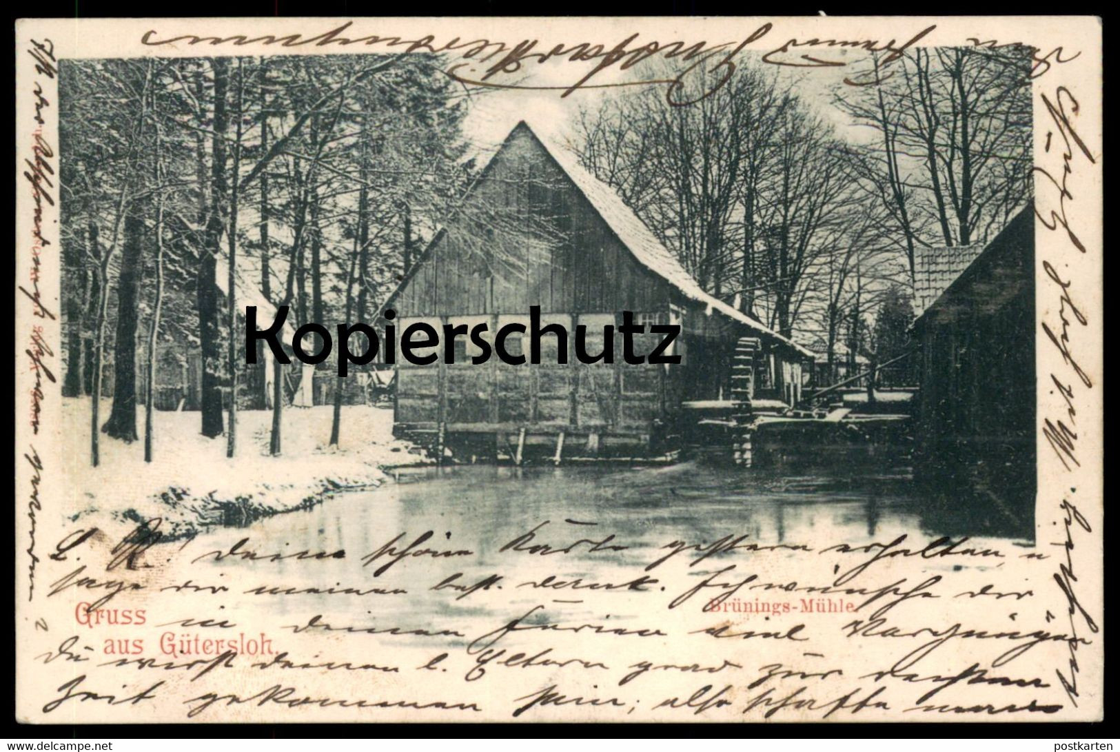 ALTE POSTKARTE GRUSS AUS GÜTERSLOH BRÜNINGS MÜHLE IM WINTER 1901 SCHNEE snow mill AK Ansichtskarte postcard cpa