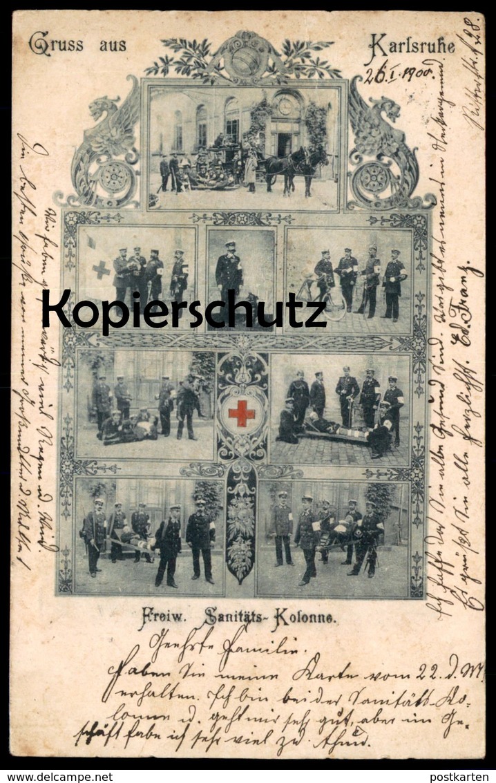 ALTE POSTKARTE GRUSS AUS KARLSRUHE FREIW. SANITÄTS-KOLONNE ambulance dog Hund chien ambulancier red cross Rotes Kreuz