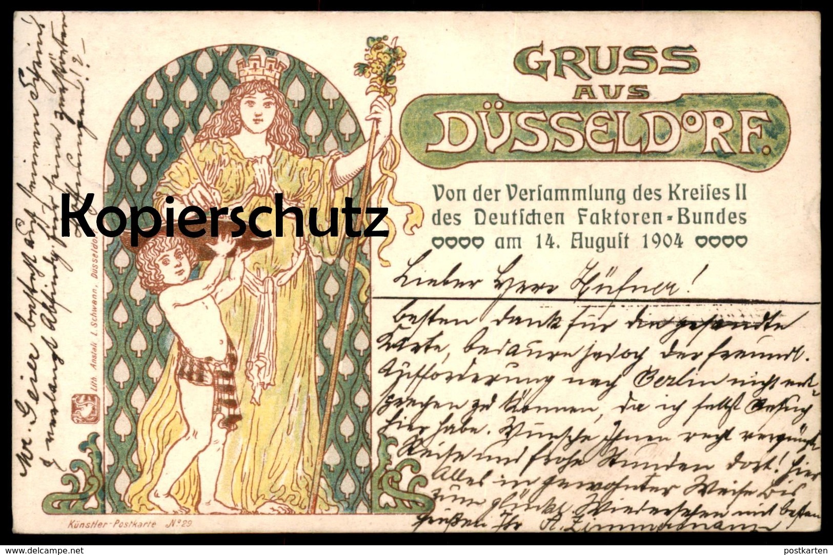 ALTE POSTKARTE JUGENDSTIL KÜNSTLER POSTKARTE DÜSSELDORF 1904 VERSAMMLUNG DEUTSCHER FAKTOREN BUND Ansichtskarte postcard