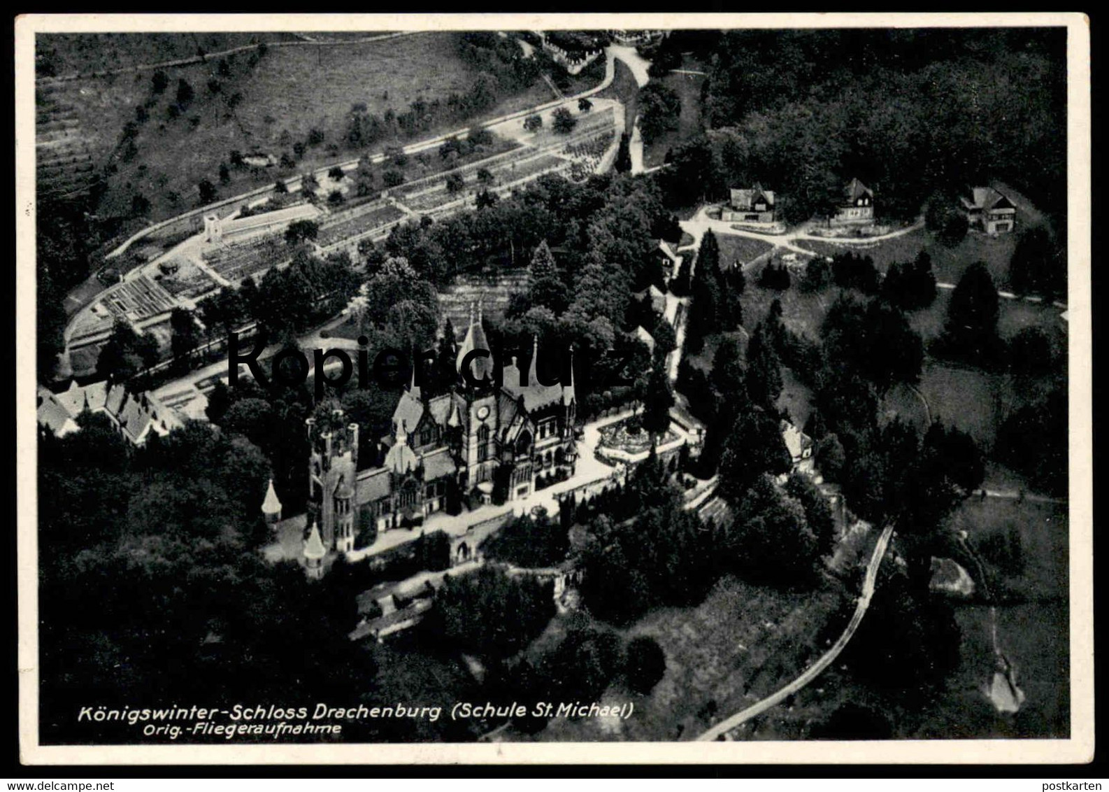 ALTE POSTKARTE KÖNIGSWINTER SCHLOSS DRACHENBURG SCHULE ST. MICHAEL FLIEGERAUFNAHME FREIGEGEBEN R.L.M. Ansichtskarte cpa