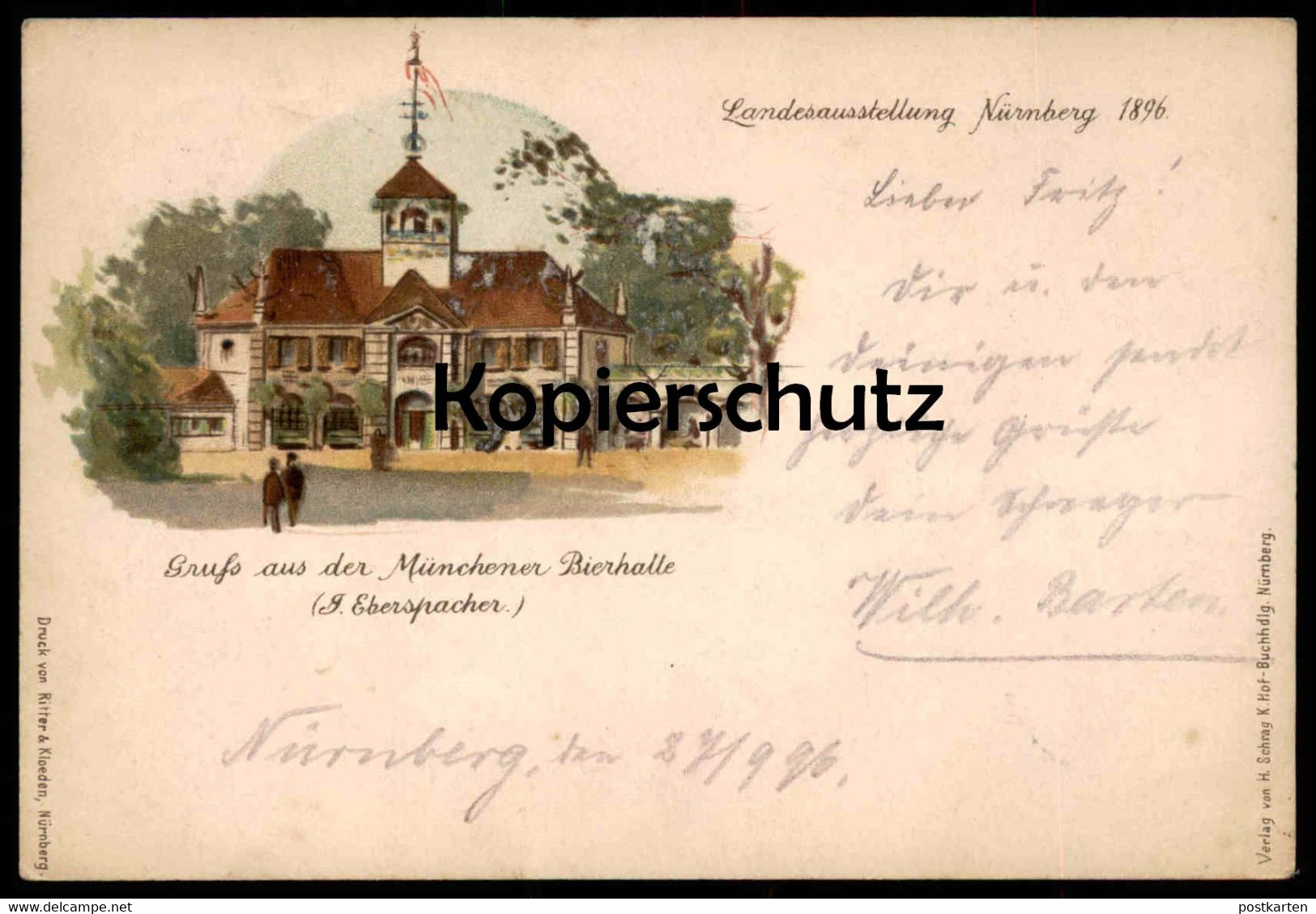 ALTE POSTKARTE LANDESAUSSTELLUNG NÜRNBERG 1896 GRUSS AUS MÜNCHENER BIERHALLE SONDERSTEMPEL Ansichtskarte postcard cpa AK