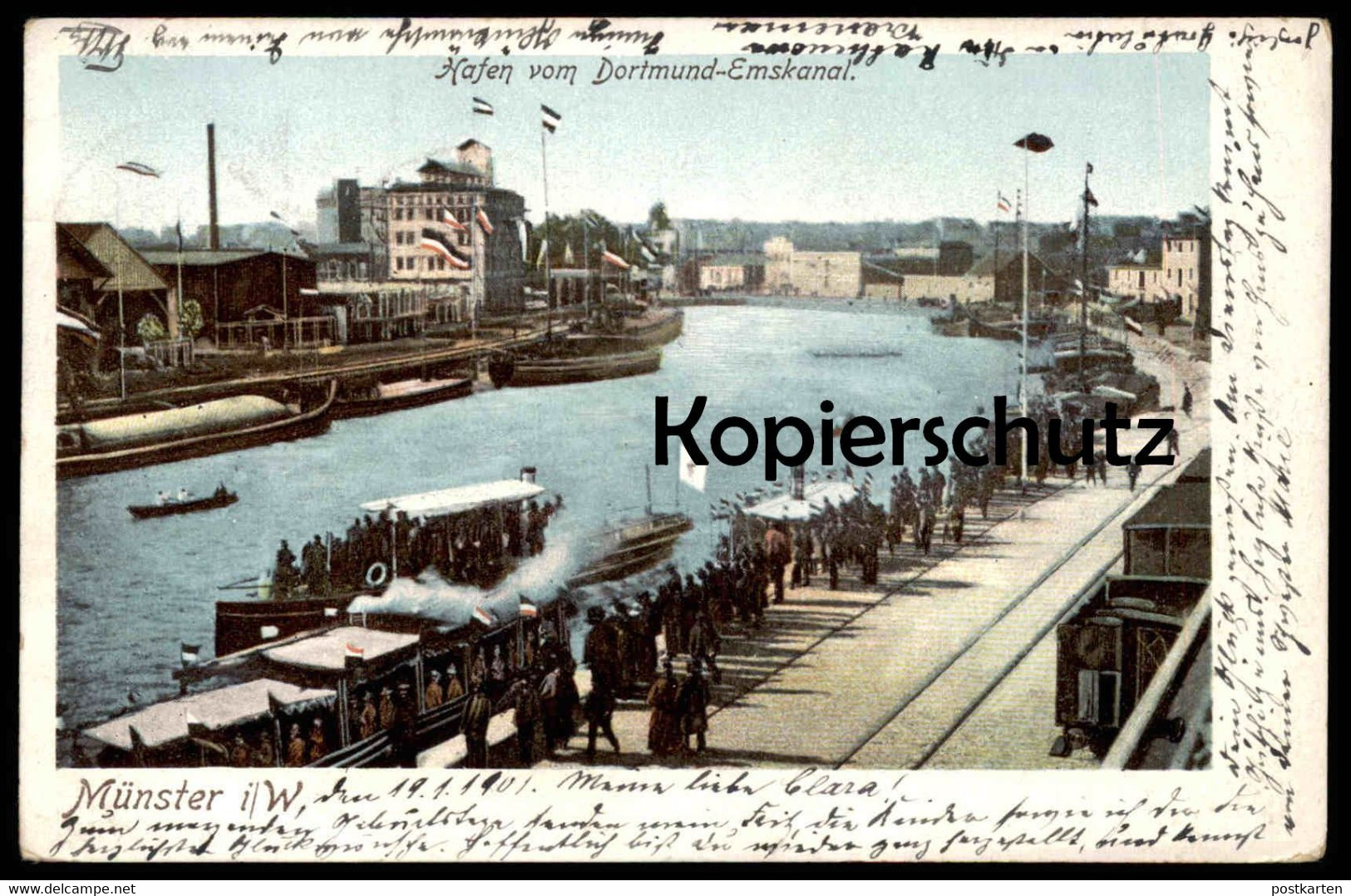 ALTE POSTKARTE MÜNSTER I. W. HAFEN VOM DORTMUND-EMSKANAL ZUG FRACHTSCHIFF cargo ship train Ansichtskarte postcard cpa AK