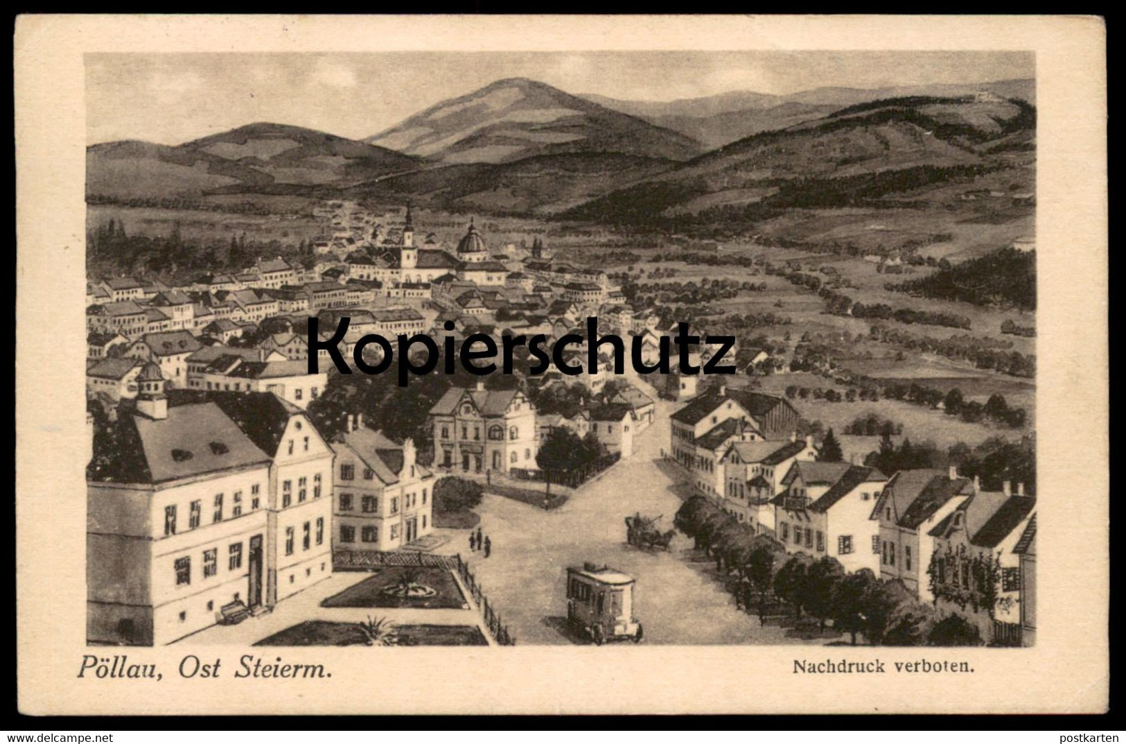 ALTE POSTKARTE PÖLLAU OST STEIERMARK Bus Kutsche Steiermark Radierung ? Etching Gravure postcard Marke Posthorn 2 Kronen