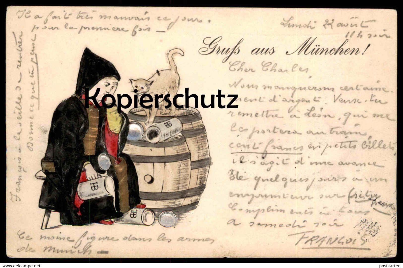 ALTE PRÄGE POSTKARTE GRUSS AUS MÜNCHEN MÜNCHNER KINDL MIT KATZE vergoldet CAT chat Prägekarte embossed AK