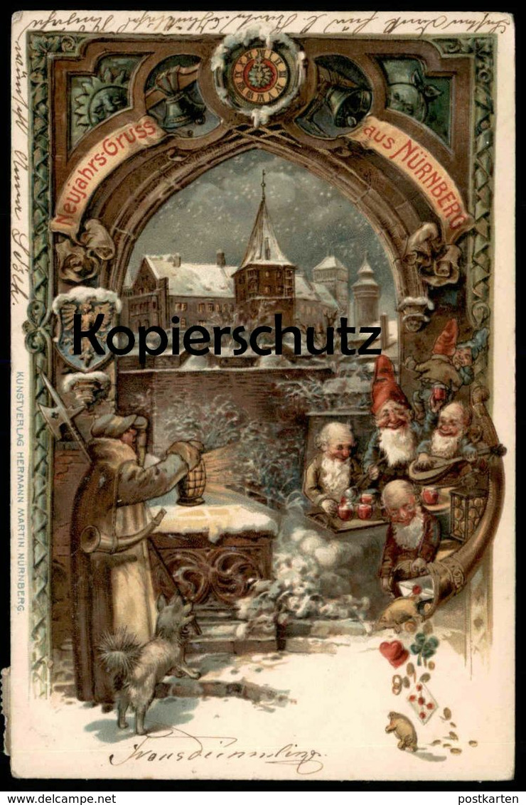 ALTE WINTER LITHO PRÄGE POSTKARTE NEUJAHRS-GRUSS AUS NÜRNBERG ZWERGE Zwerg nain midget dwarfs Neujahr Nachtwächter AK