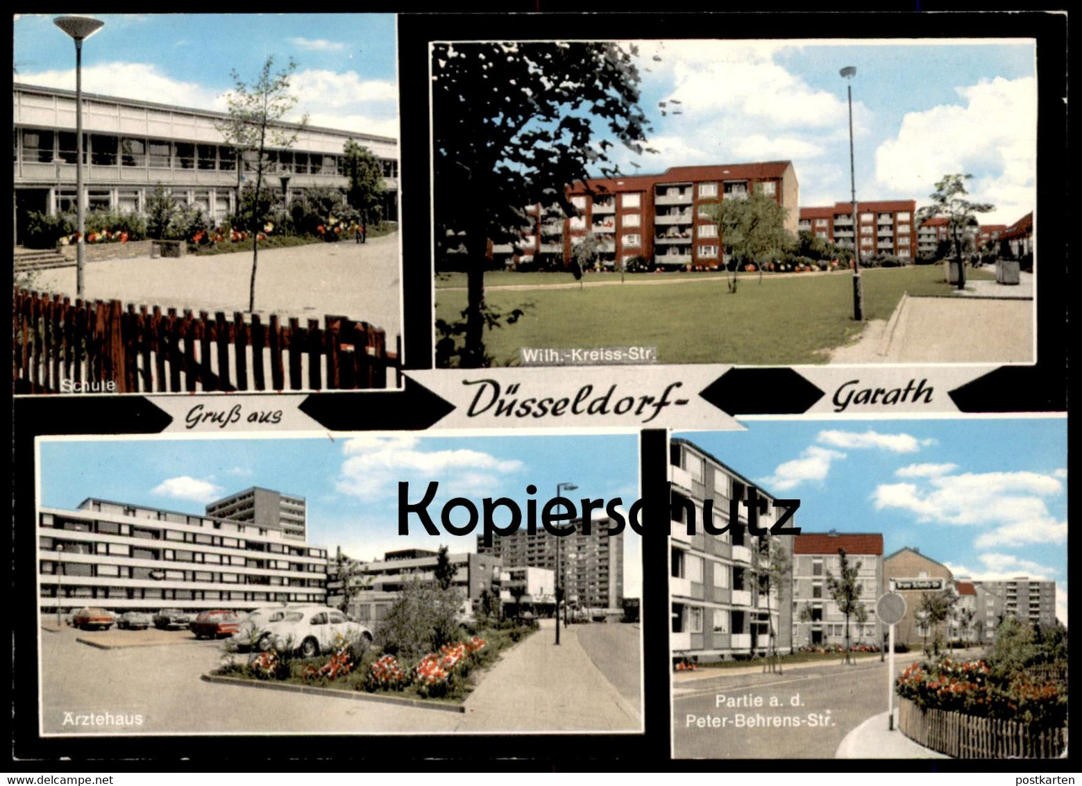 ÄLTERE POSTKARTE DÜSSELDORF-GARATH SCHULE WILHELM-KREISS-STRASSE PETER-BEHRENS-STRASSE ÄRZTEHAUS VW Volkswagen Käfer