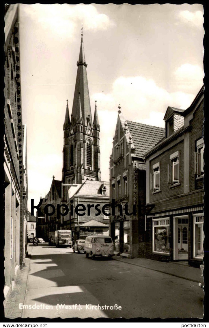 ÄLTERE POSTKARTE EMSDETTEN KIRCHSTRASSE VW BUS PIASTEN KÄFER LKW LANVERS & SOHN BUCHDRUCKEREI HOLLÄNDER AK postcard