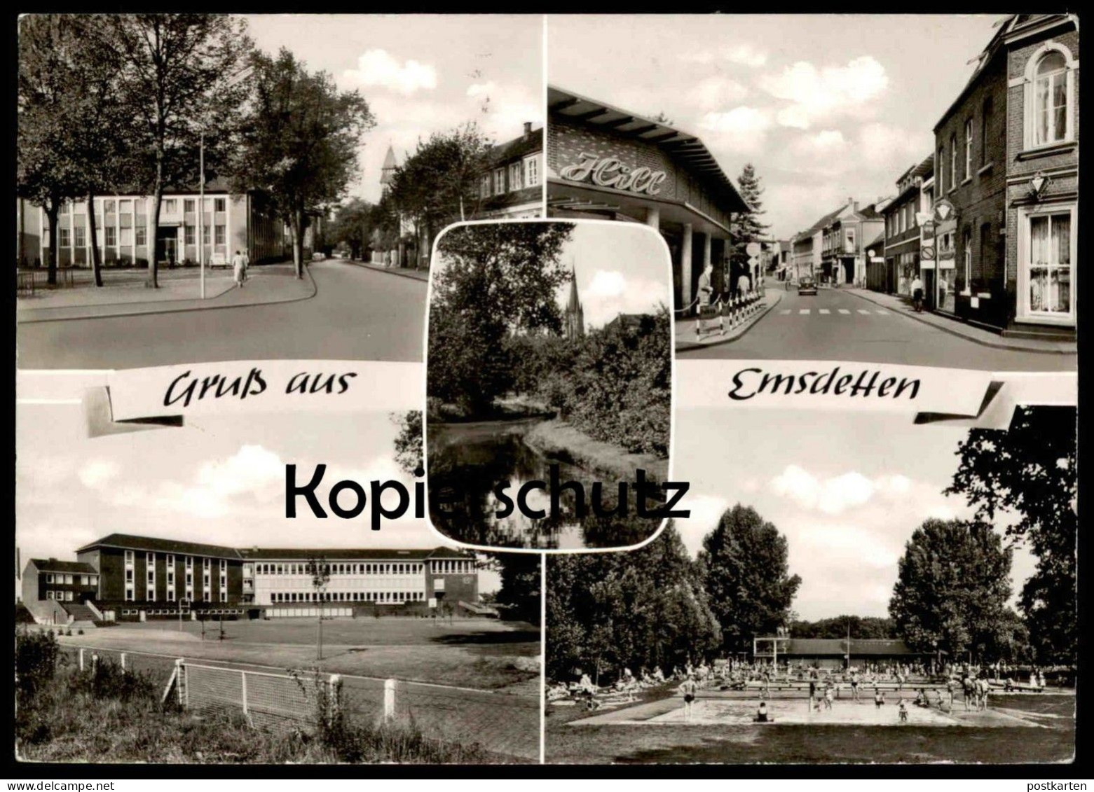 ÄLTERE POSTKARTE GRUSS AUS EMSDETTEN SCHWIMMBAD KIRCHE HILL swimming pool church église postcard cpa AK Ansichtskarte