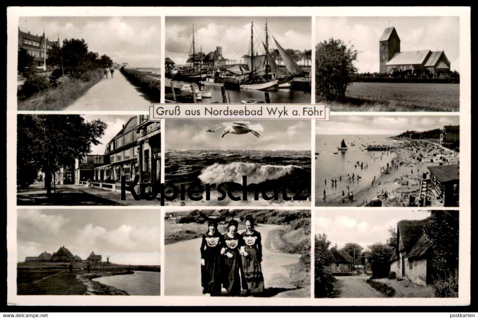 ÄLTERE POSTKARTE GRUSS AUS NORDSEEBAD WYK AUF FÖHR 1950 NIEBLUM TRACHT STRAND Insel Ansichtskarte AK cpa postcard