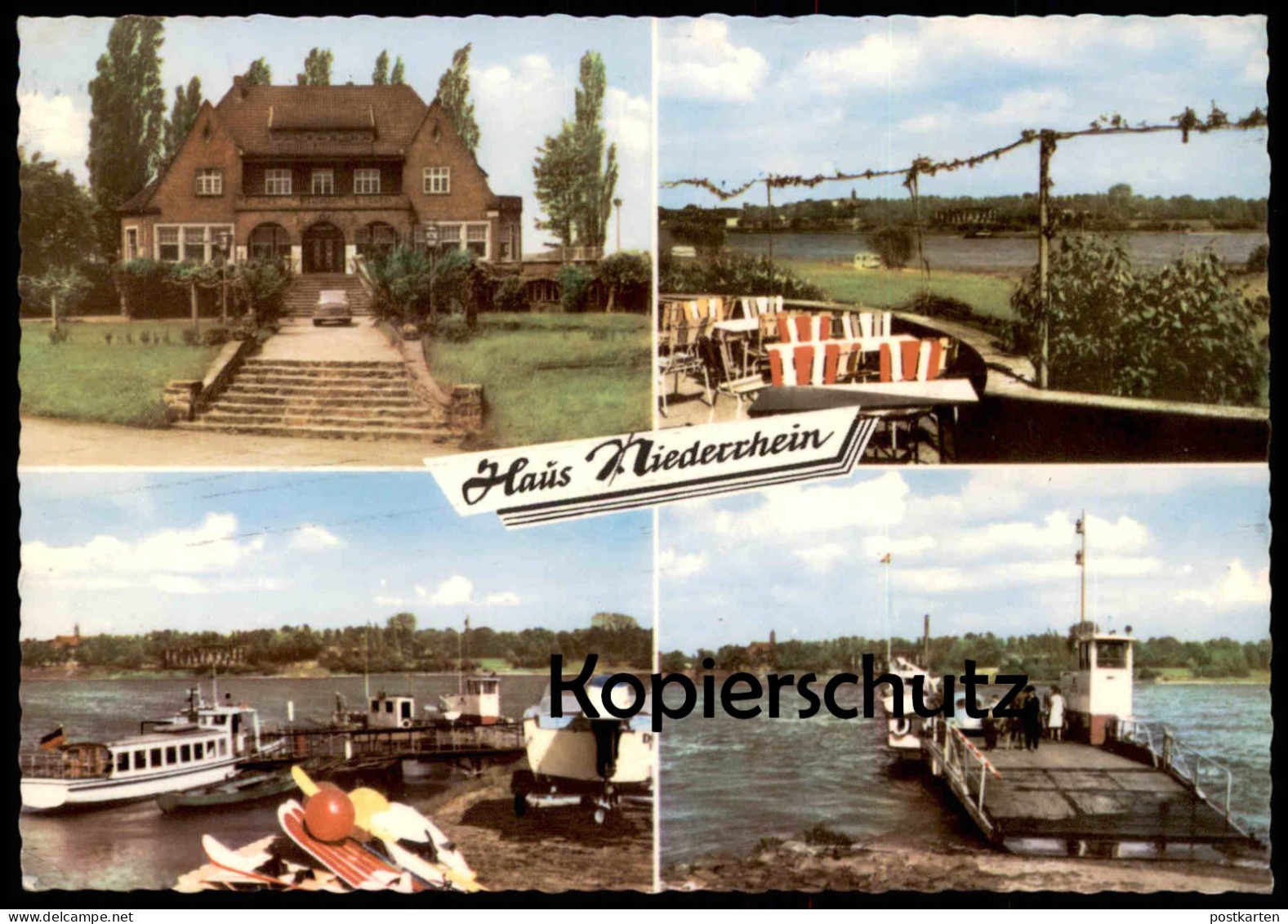ÄLTERE POSTKARTE LANGST AM RHEIN RESTAURANT CAFÉ HAUS NIEDERRHEIN MEERBUSCH GEGENÜBER KAISERSWERTH Fähre ferry VW Käfer