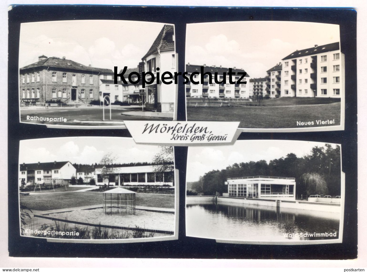 ÄLTERE POSTKARTE MÖRFELDEN RATHAUSPARTIE NEUES VIERTEL KINDERGARTENPARTIE SCHWIMMBAD MÖRFELDEN-WALLDORF Ansichtskarte