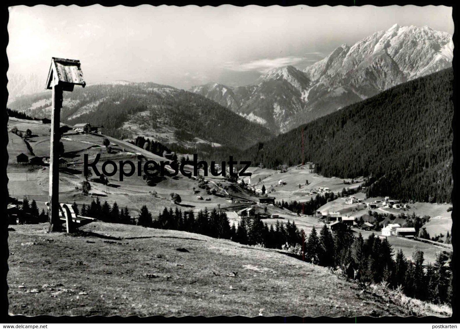 ÄLTERE POSTKARTE OBERGAIL UND ROSSBACH MIT LIENZER DOLOMITEN WEGKREUZ LESACHTAL STEMPEL LIESING ÖSTERREICH AUSTRIA