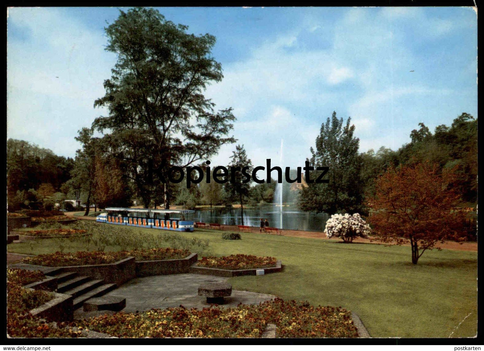 ÄLTERE POSTKARTE SAARBRÜCKEN DEUTSCH-FRANZÖSISCHER GARTEN jardin Zug train touristique locomotive Briefmarke WM 1974 AK