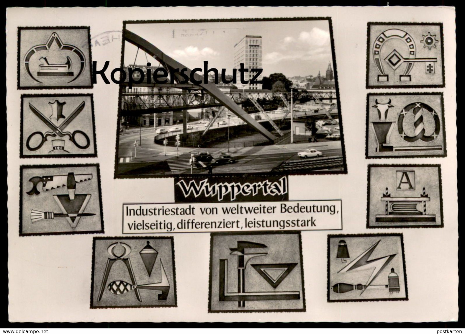 ÄLTERE POSTKARTE WUPPERTAL INDUSTRIESTADT VON WELTWEITER BEDEUTUNG SÄGE SCHERE ZANGE SCHREINER METZGER BREZEL BERUFE