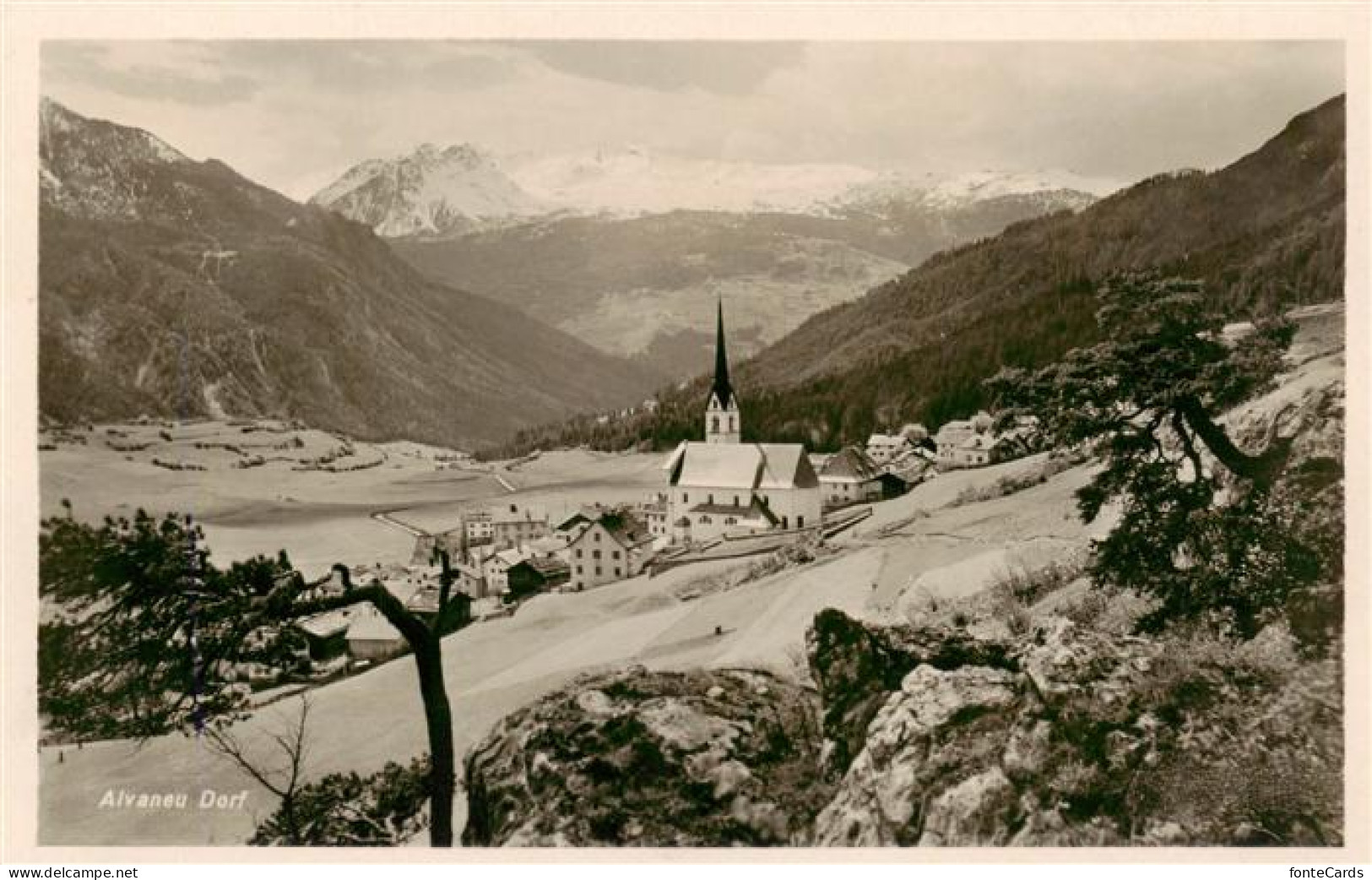 Alvaneu Dorf GR Ansicht mit Kirche Alpenpanorama