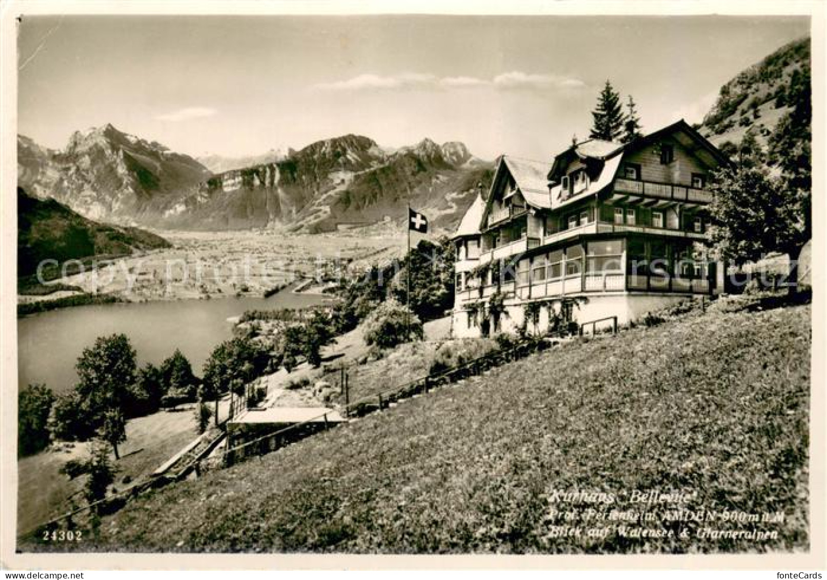 Amden Walensee SG Kurhaus Bellevue mit Walensee und Glarneralpen