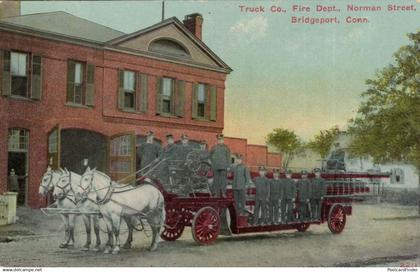 Truck Company Fire Horse Engine Depot Bridgeport USA Old Postcard