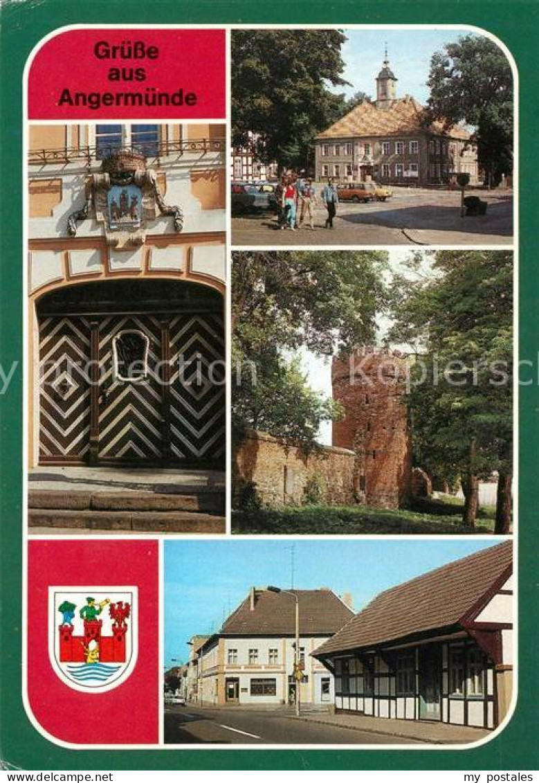Angermuende Rathausportal Rathaus Pulverturm und Stadtmauer Rosenstrasse