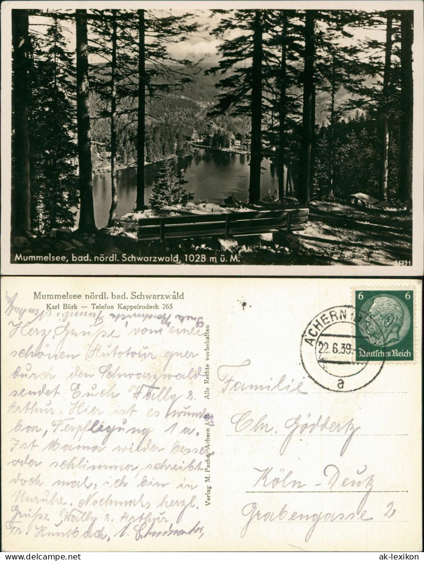 Ansichtskarte Achern Mummelsee Parkbank im Wald 1939