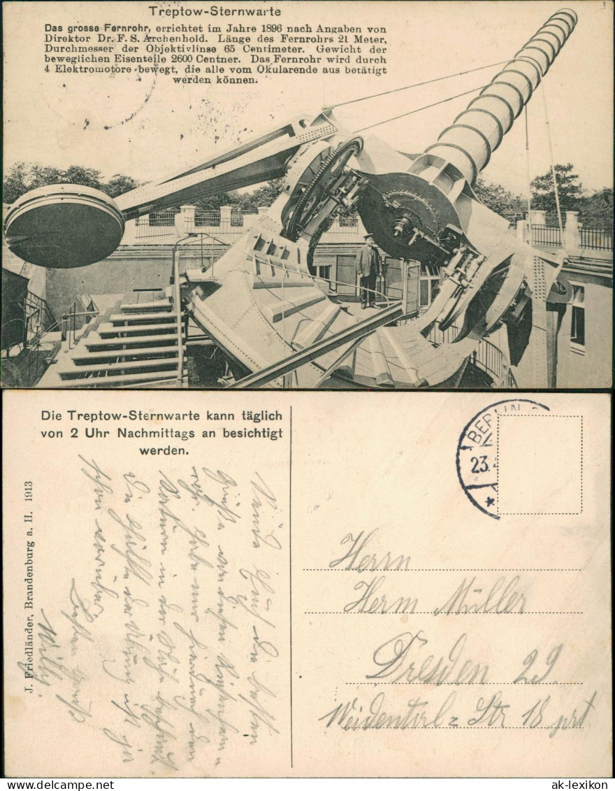 Ansichtskarte Alt-Treptow-Berlin Treptow-Sternwarte - Das große Fernrohr 1913