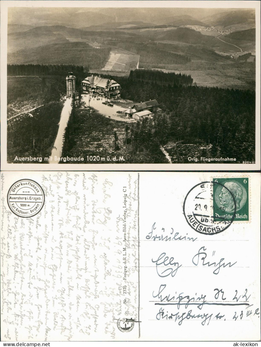 Ansichtskarte Auersberg Erzgebirge Luftbild Auersberg 1939 Landpoststempel Aue