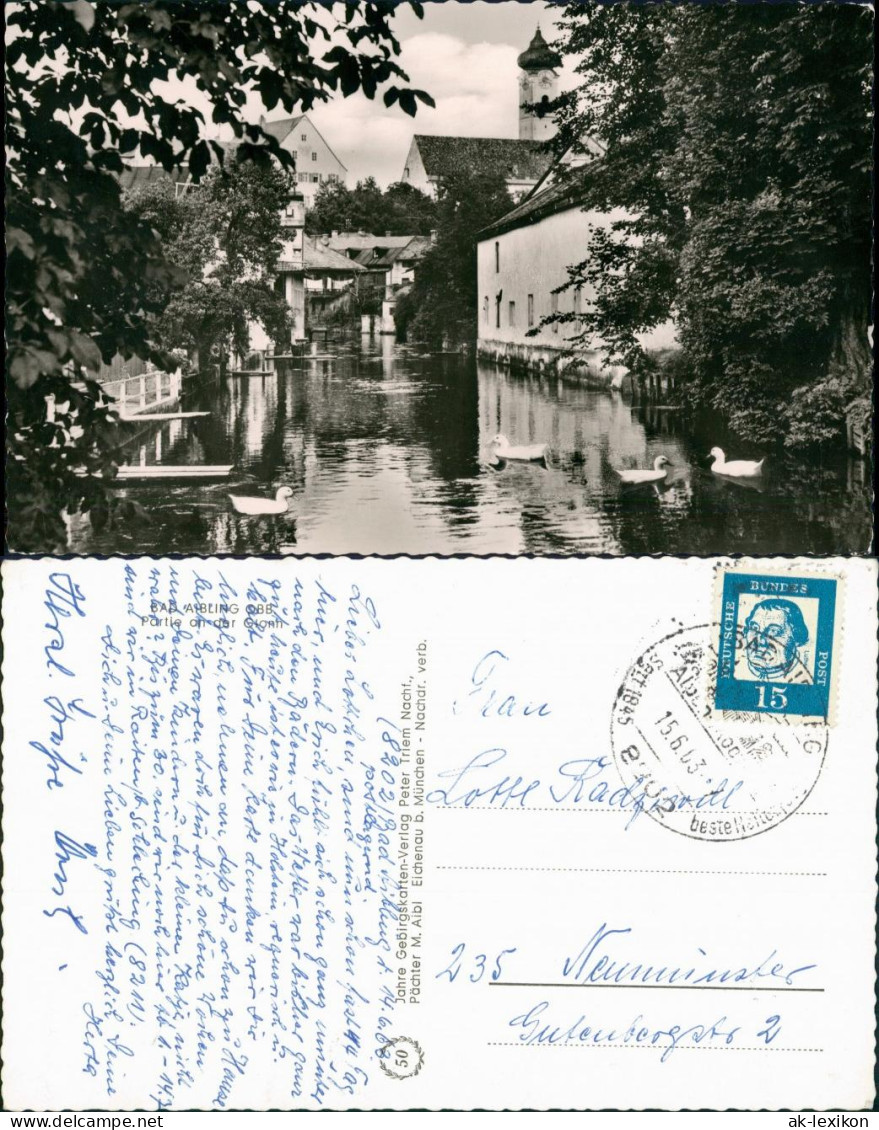 Ansichtskarte Bad Aibling An der Glonn, Schwäne, Fernblick Kirche 1963