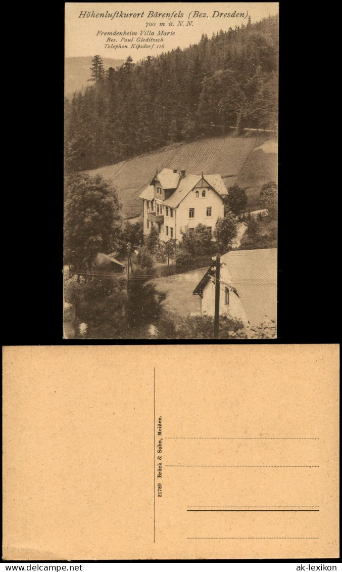 Ansichtskarte Bärenstein (Erzgebirge) Fremdenheim Villa Marie 1921