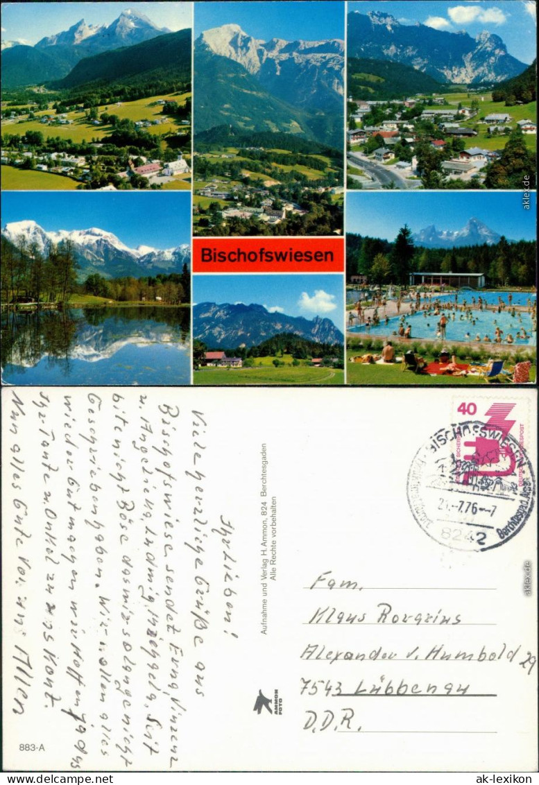 Ansichtskarte Bischofswiesen Panorama's, Blick zum Bergmassiv, Freibad 1976
