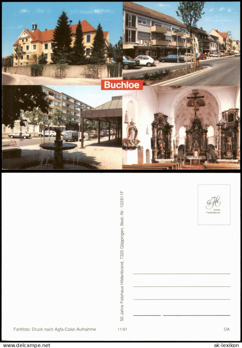 Ansichtskarte Buchloe Mehrbildkarte mit 3 Ortsansichten, Kirche Autos 1975