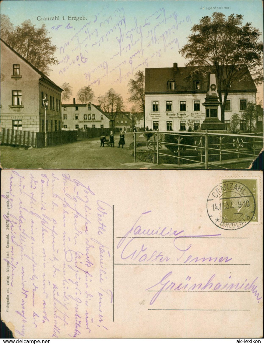 Ansichtskarte Cranzahl-Sehmatal Drogerie Magnus Bach Kriegerdenkmal 1911