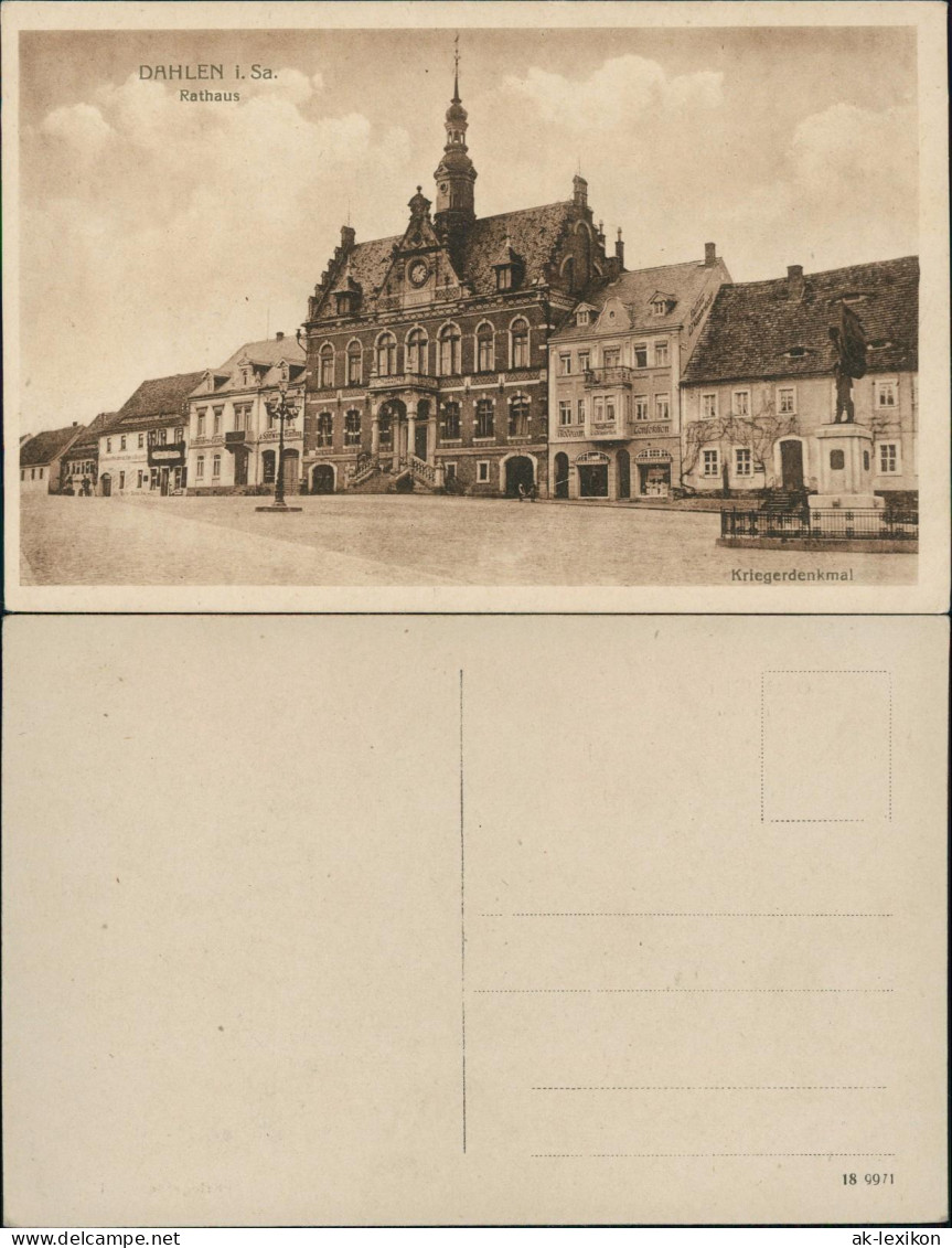 Ansichtskarte Dahlen Kriegerdenkmal, Markt, Geschäfte 1922