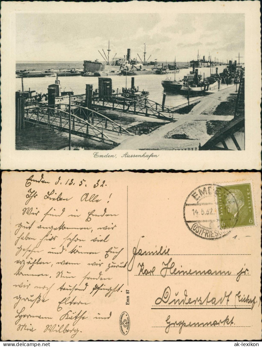 Ansichtskarte Emden Außenhafen Frachtschiff 1932