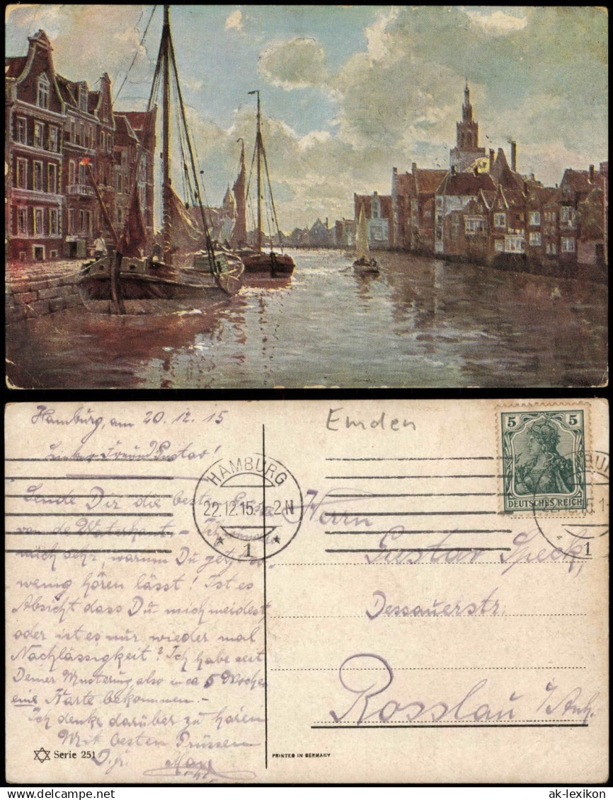 Ansichtskarte Emden Künstlerkarte Hafen Schiffe 1915