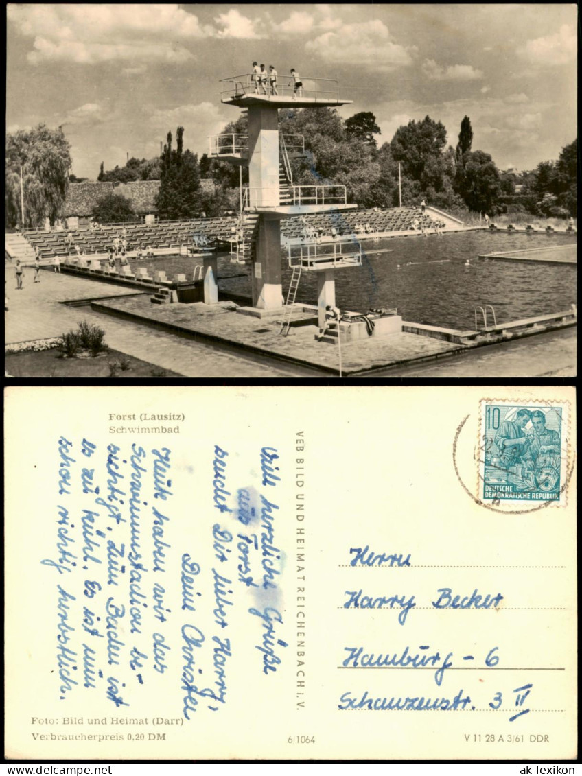 Ansichtskarte Forst (Lausitz) Baršć Schwimmbad - Stadion 1961