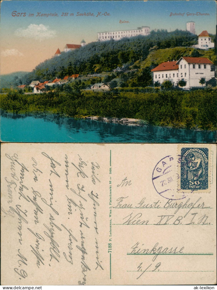 Ansichtskarte Gars am Kamp Kamptal Bahnhof Thunau Ruine 1920