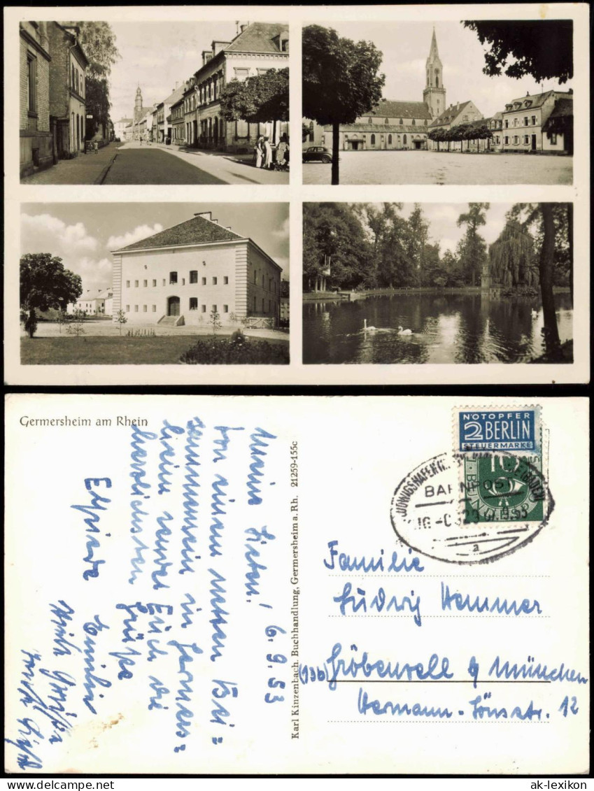Ansichtskarte Germersheim 4 Bild Straßen u. Plätze 1953  gel. Bahnpoststempel