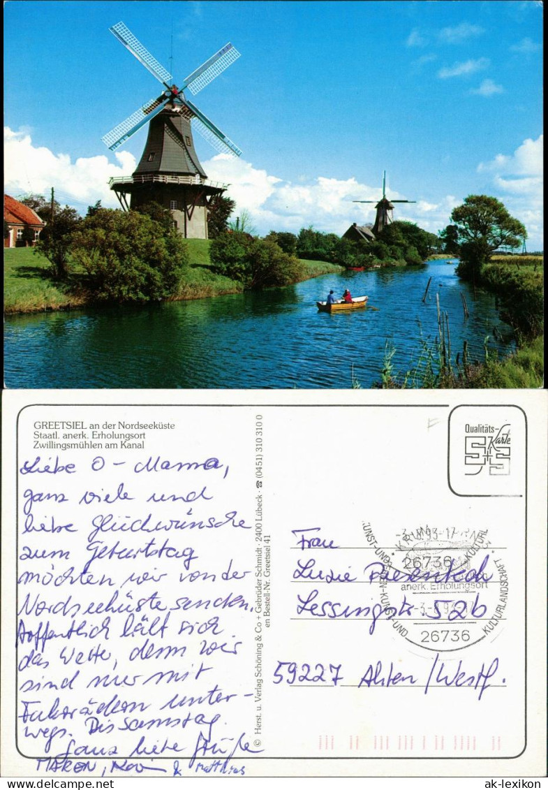 Ansichtskarte Greetsiel-Krummhörn Zwillingsmühlen am Kanal 1993