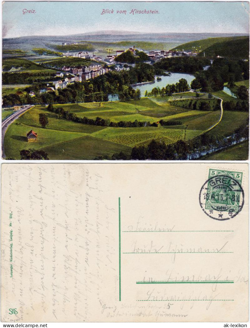 Ansichtskarte Greiz Blick vom Hirschstein (Künstlerkarte) 1913