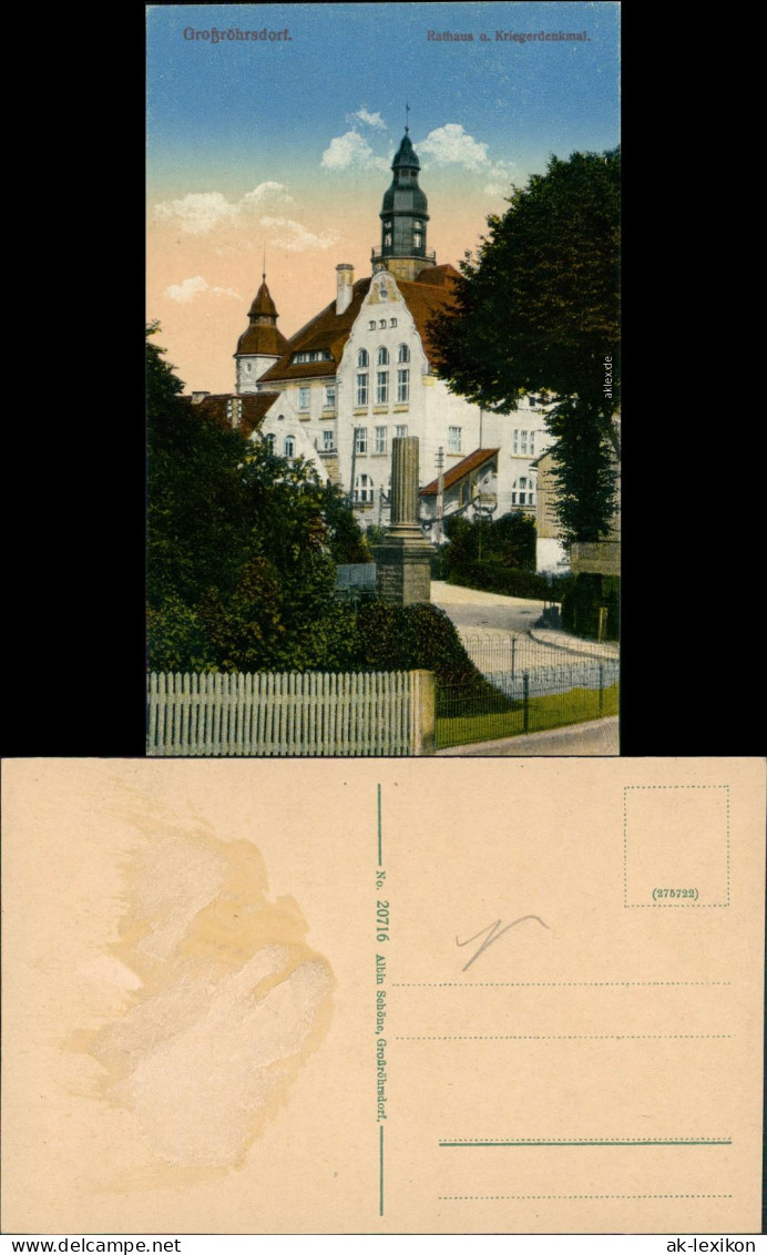 Ansichtskarte Großröhrsdorf Kriegerdenkmal und Rathaus 1915