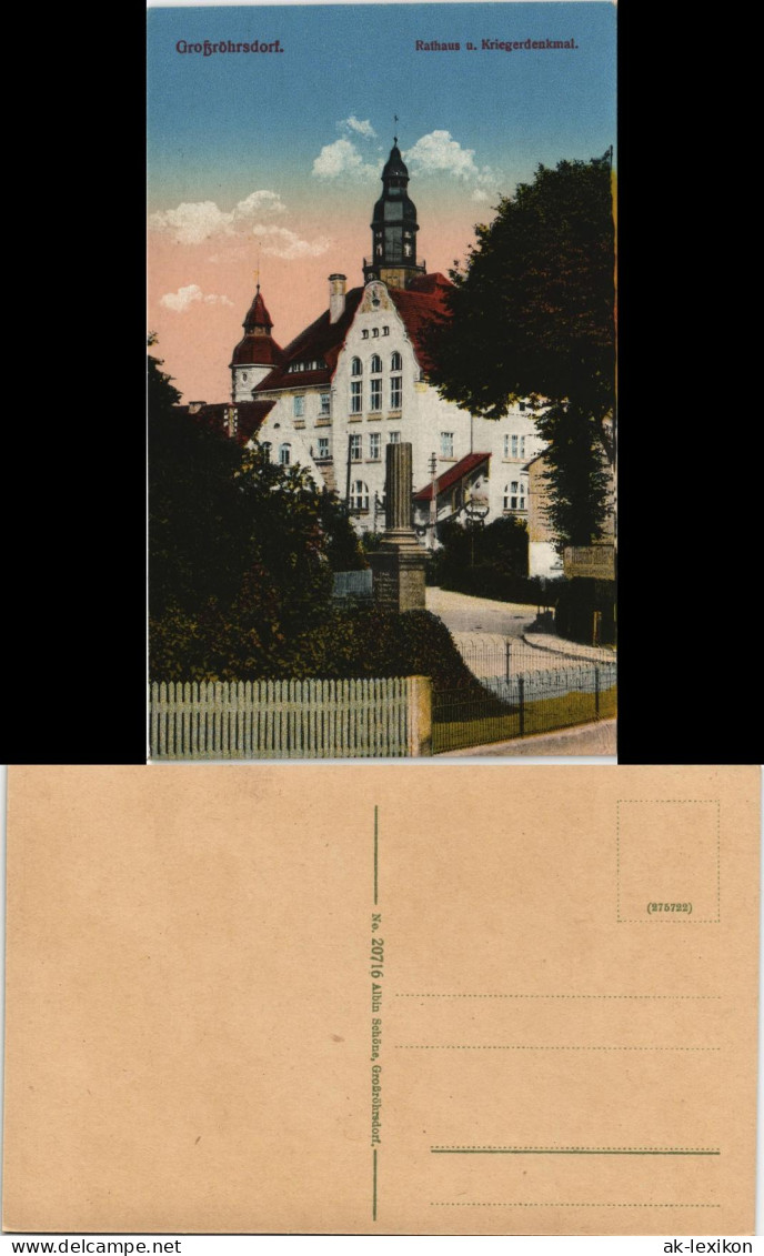 Ansichtskarte Großröhrsdorf Kriegerdenkmal und Rathaus 1915